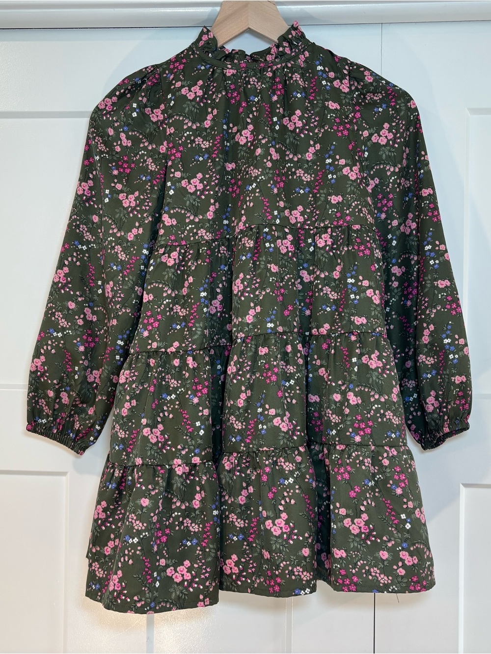 Girls Janie and Jack Tiered Long-Sleeve Dress - Olive Green with Pink Flowers
